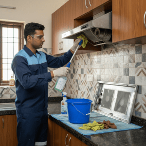 eep chimney cleaning using professional tools to remove grease and restore suction in a kitchen chimney.