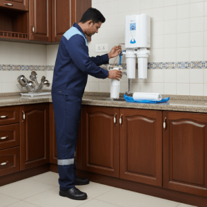 Technician servicing a home water purifier — inspecting filters and checking connections
