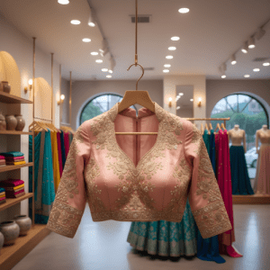 Tailor taking measurements for a custom padded blouse at home — personalized stitching service with doorstep delivery.