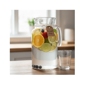 Detox water infused overnight with fresh fruits and vegetables in mineral water, delivered every morning between 7–8 AM.