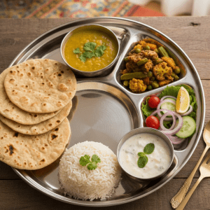 Fresh meal box containing 4 rotis, rice, dal, seasonal vegetables, raita, and salad — home-style thali delivered for lunch and dinner.