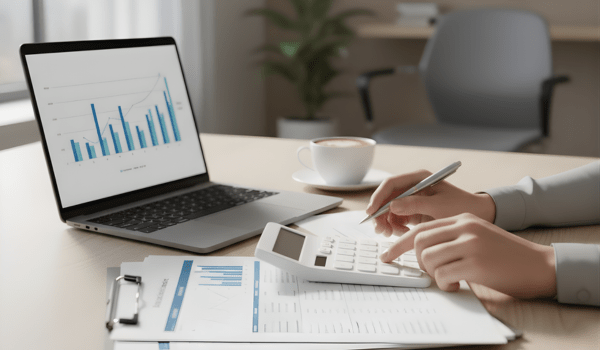 "Professional accounting workspace with laptop, financial documents, and a calculator on a clean desk"